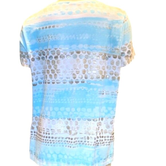 Chico's Zenergy Tee Top Aqua White Metallic Gold Dots Sz 2 (L/12) #130E - Picture 4 of 9